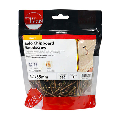 This is an image of Timco - Solo Woodscrews - PZ - Double Countersunk - Yellow 4.0 x 35mm - (380 PCS TIMbag) 40035CHYB