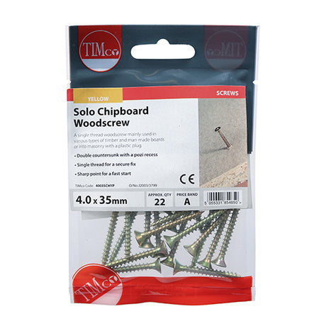 This is an image of Timco - Solo Woodscrews - PZ - Double Countersunk - Yellow 4.0 x 35mm - (22 PCS TIMpac) 40035CHYP