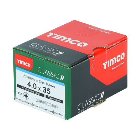 This is an image of Timco - Classic Multi-Purpose Screws - PZ - Double Countersunk - A2 Stainless Steel 4.0 x 35mm - (200 PCS Box) 40035CLASS