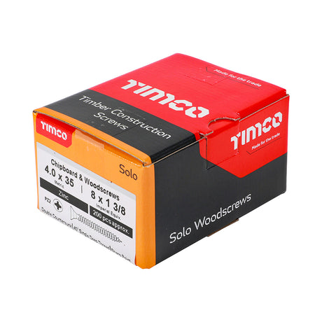 This is an image of Timco - Solo Chipboard & Woodscrews - PZ - Double Countersunk - Zinc 4.0 x 35mm - (200 PCS Box) 40035SOLOZ