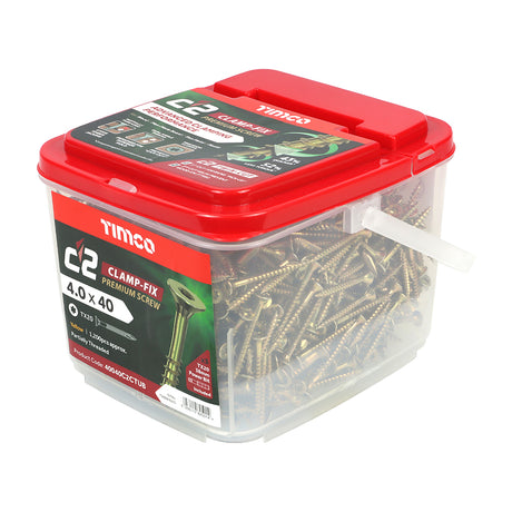 This is an image of Timco - C2 Clamp-Fix Screws - TX - Double Countersunk with Ribs - Twin-Cut - Yellow 4.0 x 40mm - (1200 PCS Tub) 40040C2CTUB