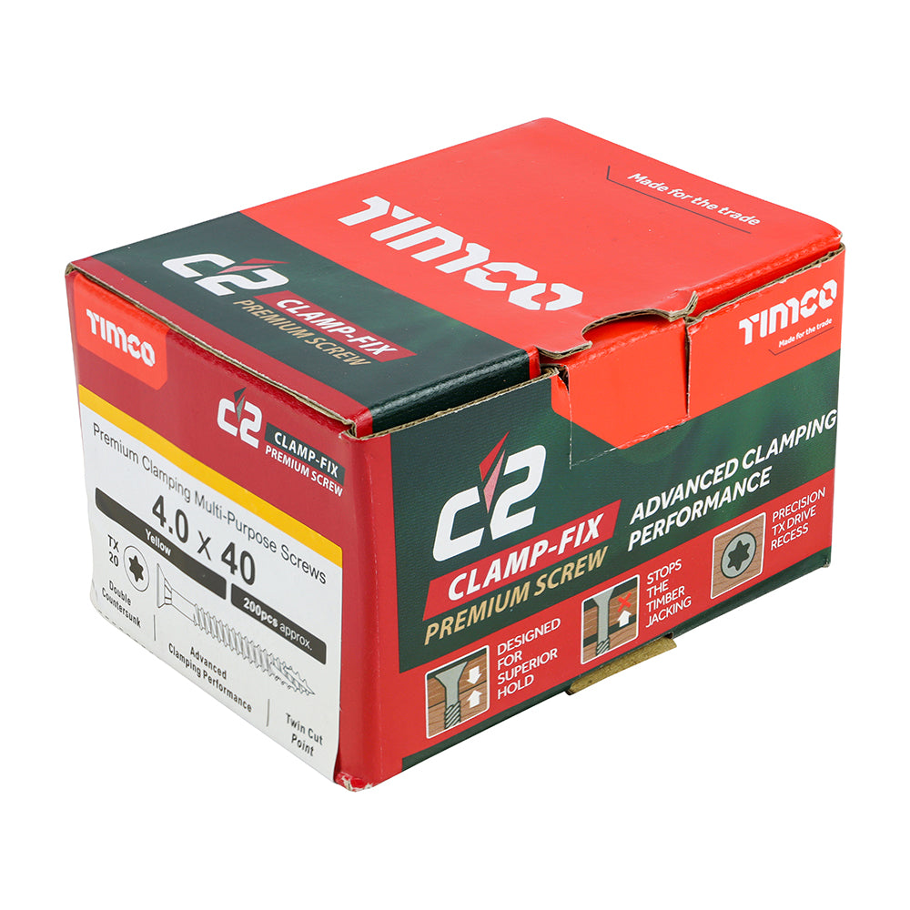 This is an image of Timco - C2 Clamp-Fix Screws - TX - Double Countersunk with Ribs - Twin-Cut - Yellow 4.0 x 40mm - (200 PCS Box) 40040C2C