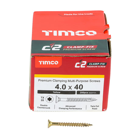 This is an image of Timco - C2 Clamp-Fix Screws - TX - Double Countersunk with Ribs - Twin-Cut - Yellow 4.0 x 40mm - (200 PCS Box) 40040C2C
