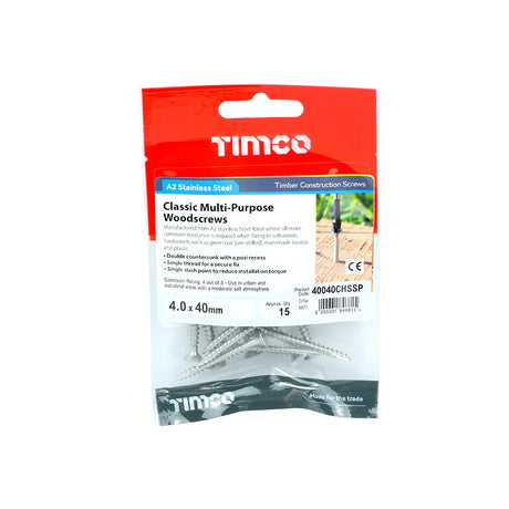 This is an image of Timco - Classic Multi-Purpose Screws - PZ - Double Countersunk - Stainless Steel 4.0 x 40mm - (15 PCS TIMpac) 40040CHSSP