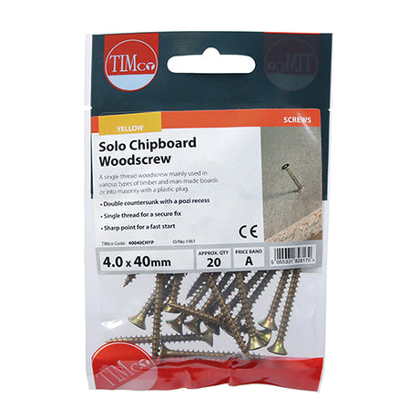 This is an image of Timco - Solo Woodscrews - PZ - Double Countersunk - Yellow 4.0 x 40mm - (20 PCS TIMpac) 40040CHYP