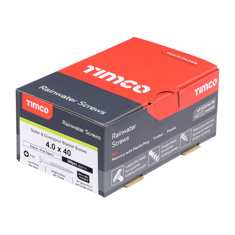 This is an image of Timco - Rainwater Screws - PZ - Low Profile Pan - Exterior - White 4.0 x 40mm - (300 PCS Box) 40040CLARWBX