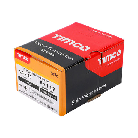 This is an image of Timco - Solo Chipboard & Woodscrews - PZ - Double Countersunk - Yellow 4.0 x 40mm - (200 PCS Box) 40040SOLOC