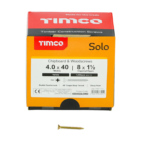 This is an image of Timco - Solo Chipboard & Woodscrews - Industry Pack - PZ - Double Countersunk - Yellow 4.0 x 40mm - (1000 PCS Box) 40040SOLOIND