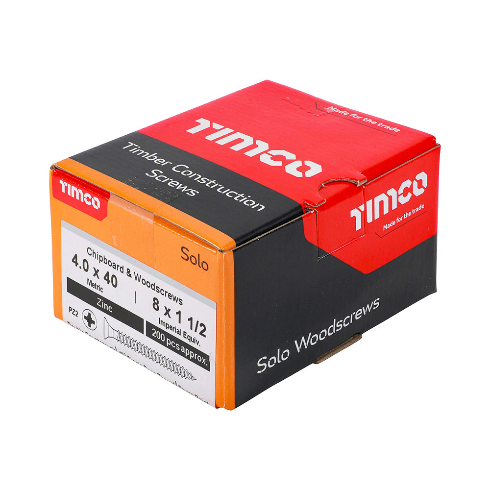 This is an image of Timco - Solo Chipboard & Woodscrews - PZ - Double Countersunk - Zinc 4.0 x 40mm - (200 PCS Box) 40040SOLOZ