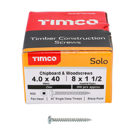 This is an image of Timco - Solo Chipboard & Woodscrews - SQ - Pan - Zinc 4.0 x 40mm - (200 PCS Box) 40040SQPSZ