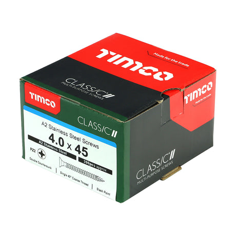 This is an image of Timco - Classic Multi-Purpose Screws - PZ - Double Countersunk - A2 Stainless Steel 4.0 x 45mm - (200 PCS Box) 40045CLASS