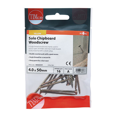 This is an image of Timco - Solo Woodscrews - PZ - Double Countersunk - Yellow 4.0 x 50mm - (16 PCS TIMpac) 40050CHYP