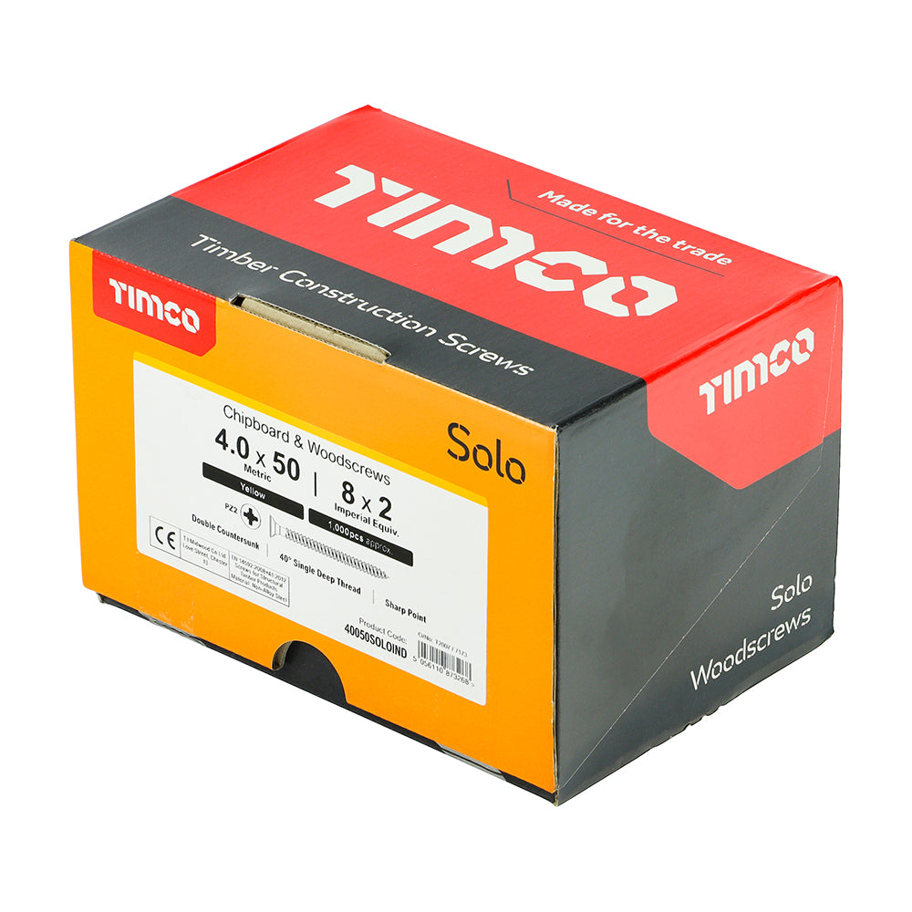 This is an image of Timco - Solo Chipboard & Woodscrews - Industry Pack - PZ - Double Countersunk - Yellow 4.0 x 50mm - (1000 PCS Box) 40050SOLOIND