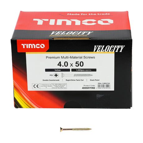 This is an image of Timco - Velocity Premium Multi-Use Screws - PZ - Double Countersunk - Yellow 4.0 x 50mm - (1000 PCS Box) 40050VYIND
