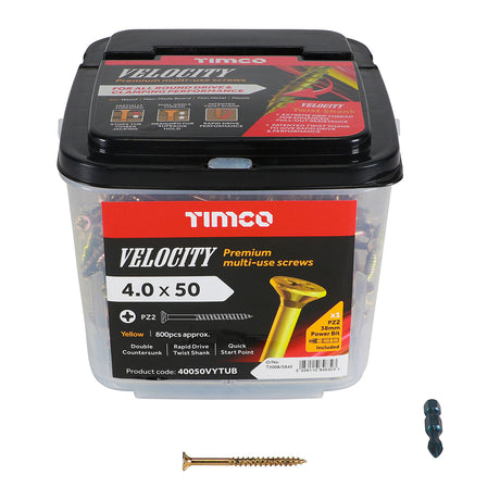 This is an image of Timco - Velocity Premium Multi-Use Screws - PZ - Double Countersunk - Yellow 4.0 x 50mm - (800 PCS Tub) 40050VYTUB