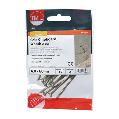 This is an image of Timco - Solo Woodscrews - PZ - Double Countersunk - Yellow 4.0 x 60mm - (12 PCS TIMpac) 40060CHYP