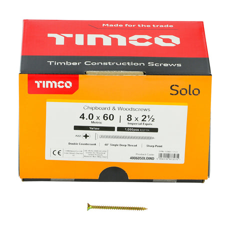 This is an image of Timco - Solo Chipboard & Woodscrews - Industry Pack - PZ - Double Countersunk - Yellow 4.0 x 60mm - (1000 PCS Box) 40060SOLOIND