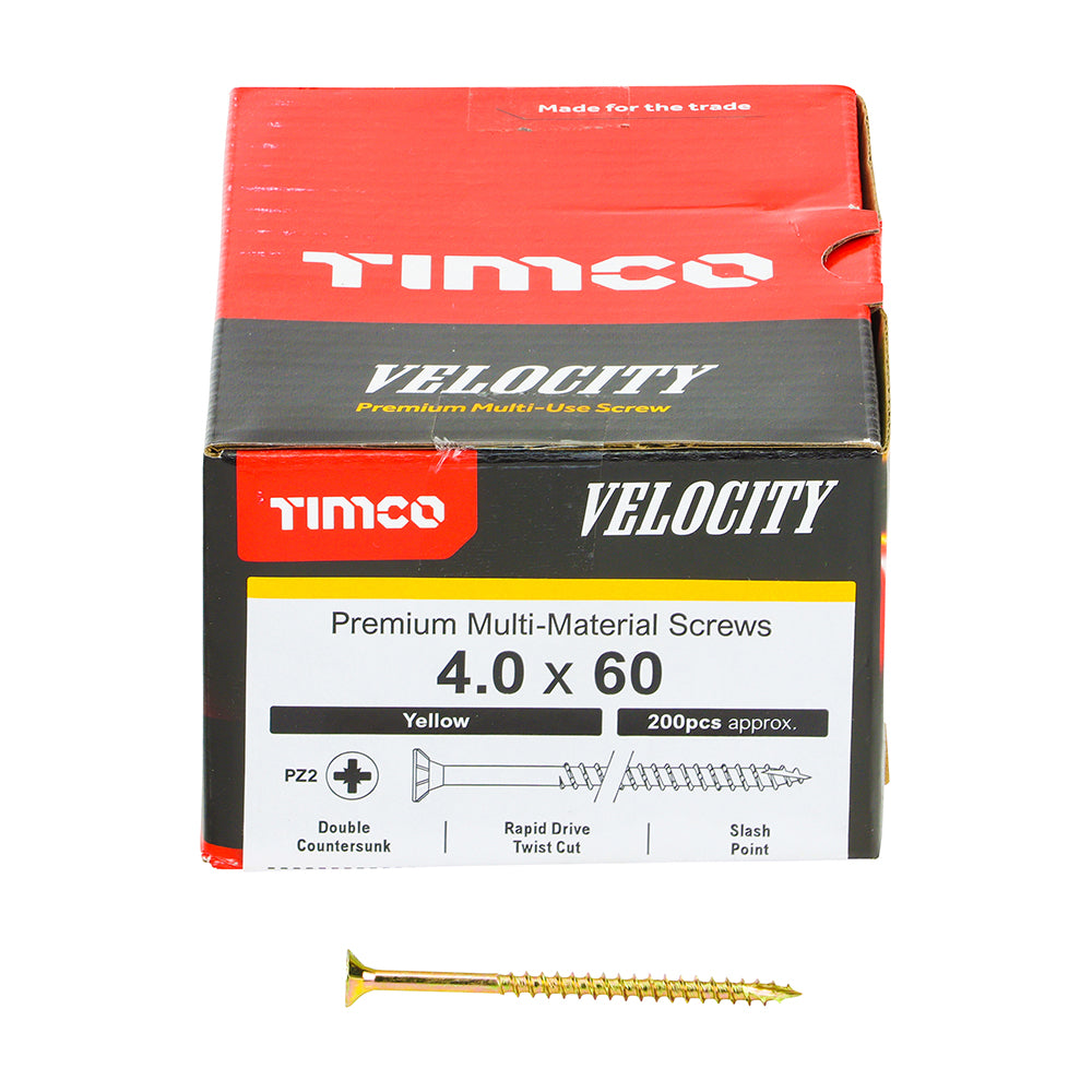 This is an image of Timco - Velocity Premium Multi-Use Screws - PZ - Double Countersunk - Yellow 4.0 x 60mm - (200 PCS Box) 40060VY