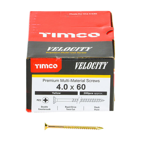 This is an image of Timco - Velocity Premium Multi-Use Screws - PZ - Double Countersunk - Yellow 4.0 x 60mm - (200 PCS Box) 40060VY