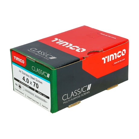 This is an image of Timco - Classic Multi-Purpose Screws - PZ - Double Countersunk - A4 Stainless Steel 4.0 x 70mm - (200 PCS Box) 40070CLA4