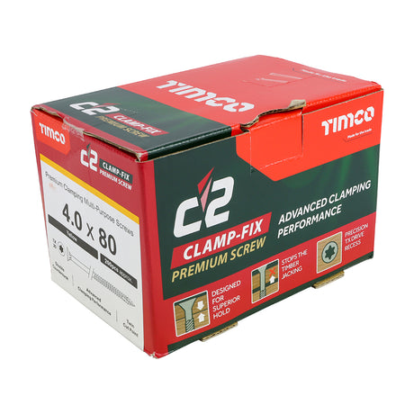 This is an image of Timco - C2 Clamp-Fix Screws - TX - Double Countersunk with Ribs - Twin-Cut - Yellow 4.0 x 80mm - (200 PCS Box) 40080C2C