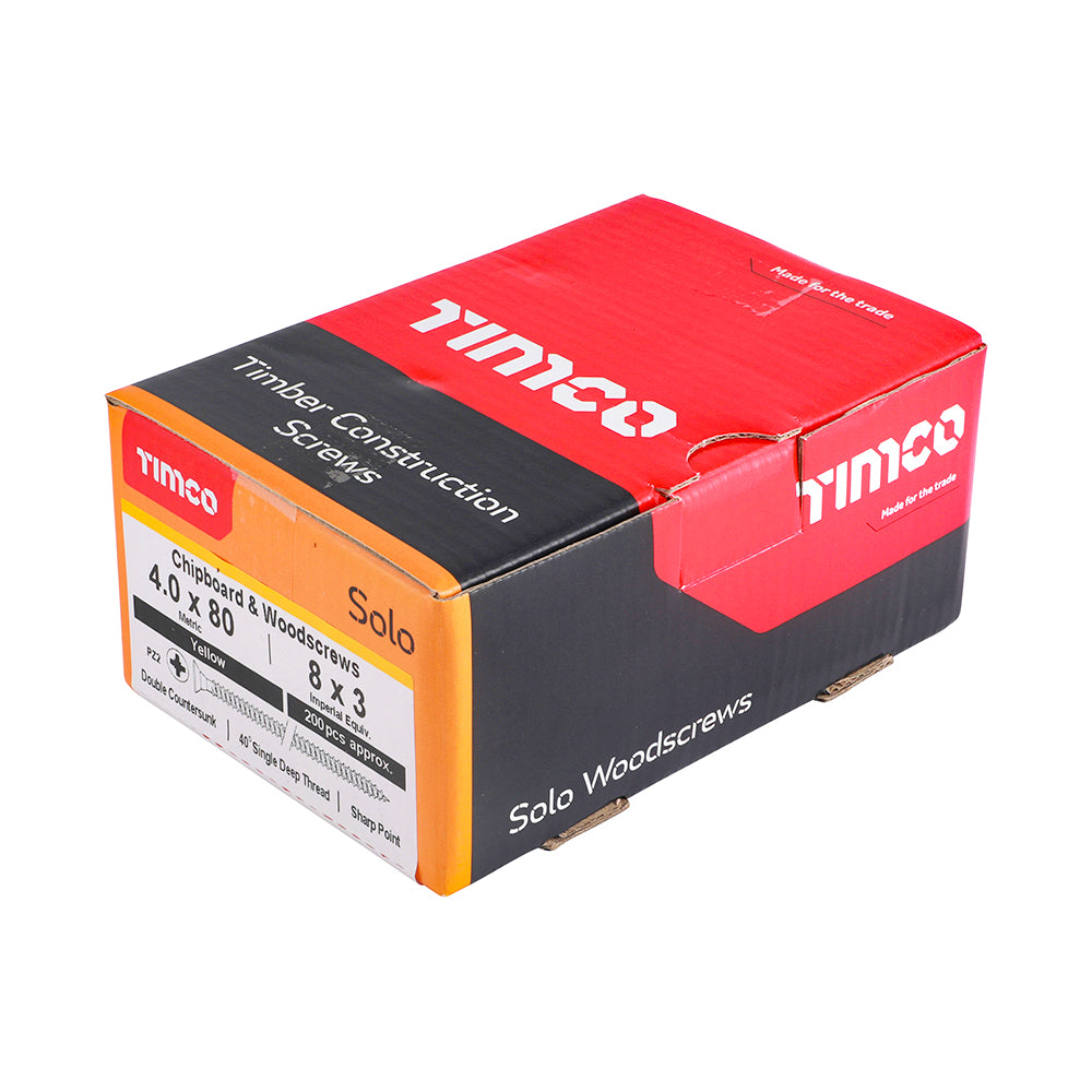 This is an image of Timco - Solo Chipboard & Woodscrews - PZ - Double Countersunk - Yellow 4.0 x 80mm - (200 PCS Box) 40080SOLOC