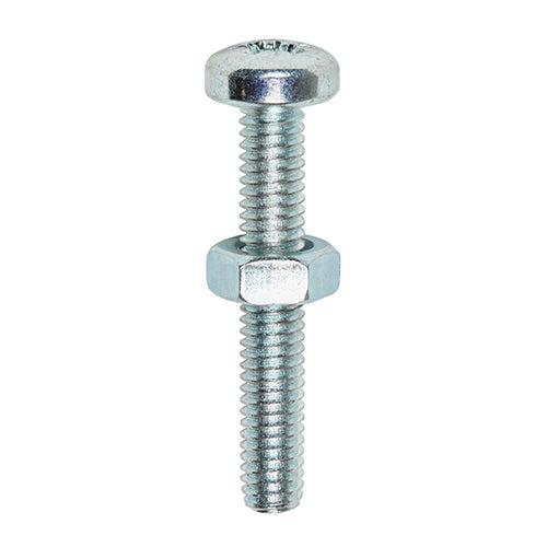 This is an image of Timco - Machine Screws - PZ - Pan & Hex Nuts - Zinc M4 x 25mm - (30 PCS TIMpac) 4025PPMHNP