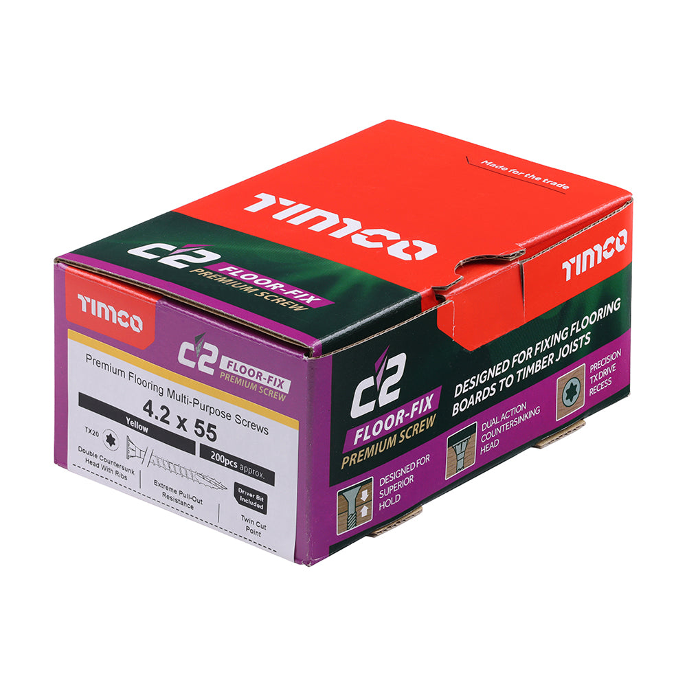 This is an image of Timco - C2 Floor-Fix Screws - TX - Double Countersunk with Ribs - Twin-Cut - Yellow 4.2 x 55mm - (200 PCS Box) 42055C2MDFBX