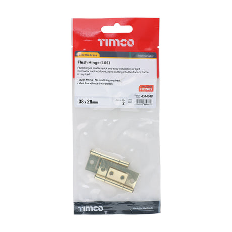 This is an image of Timco - Flush Hinge (105) - Electro Brass 38 x 28 (1 Pairs TIMpac) 434464P