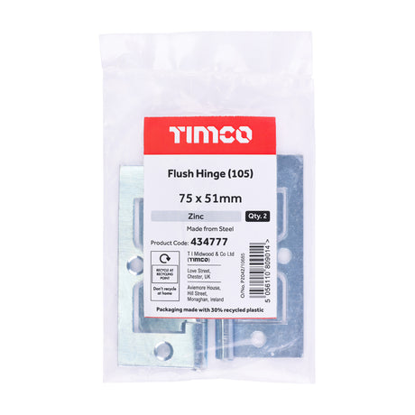 This is an image of Timco - Flush Hinge (105) - Zinc 75 x 51 (1 Pairs Plain Bag) 434777