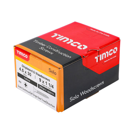 This is an image of Timco - Solo Chipboard & Woodscrews - PZ - Double Countersunk - Yellow 4.5 x 30mm - (200 PCS Box) 45030SOLOC