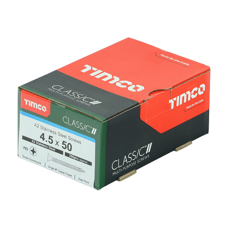 This is an image of Timco - Classic Multi-Purpose Screws - PZ - Double Countersunk - A2 Stainless Steel 4.5 x 50mm - (200 PCS Box) 45050CLASS