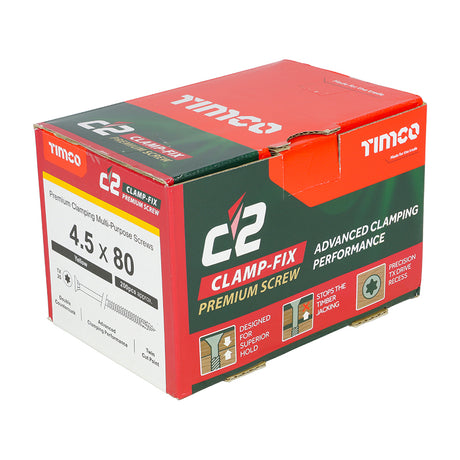 This is an image of Timco - C2 Clamp-Fix Screws - TX - Double Countersunk with Ribs - Twin-Cut - Yellow 4.5 x 80mm - (200 PCS Box) 45080C2C