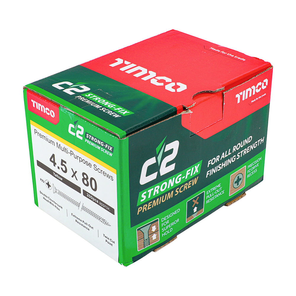 This is an image of Timco - C2 Strong-Fix Screws - PZ - Double Countersunk - Twin-Cut - Yellow 4.5 x 80mm - (200 PCS Box) 45080C2
