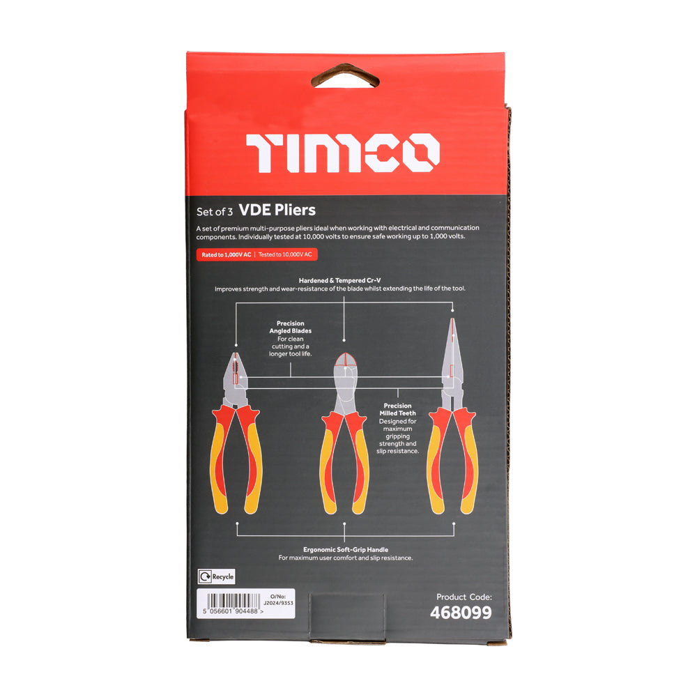 This is an image of Timco - VDE Plier Set 3pcs (3 Pieces Box) 468099