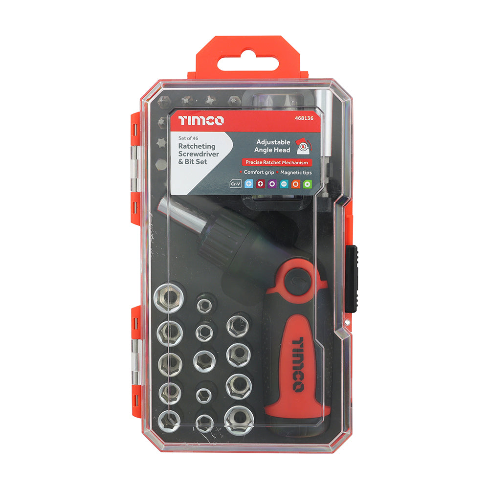 This is an image of Timco - Ratcheting Screwdriver Bit Set 46pcs (46 Pieces Case) 468136