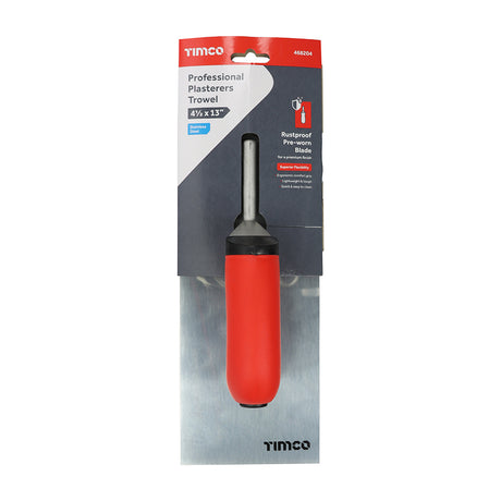 This is an image of Timco - Professional Plasterers Trowel - Stainless Steel 4 1/2 x 13" (1 Each Backing Card) 468204