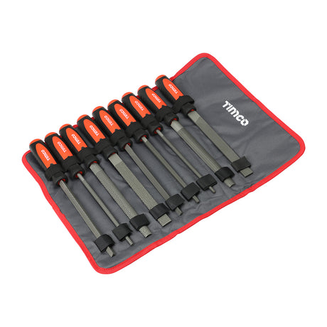 This is an image of Timco - File & Rasp Set 9pcs (9 Pieces Fabric Case) 468250