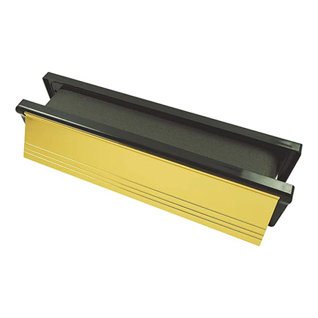 This is an image of Timco - Intumescent Letterbox - Polished Gold - Black Frame 305 x 70 (1 Each Box) 487279