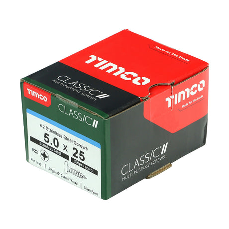 This is an image of Timco - Classic Multi-Purpose Screws - PZ - Pan Head - A2 Stainless Steel 5.0 x 25mm - (200 PCS Box) 50025CLAPSS