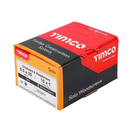 This is an image of Timco - Solo Chipboard & Woodscrews - PZ - Double Countersunk - Zinc 5.0 x 25mm - (200 PCS Box) 50025SOLOZ