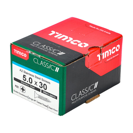 This is an image of Timco - Classic Multi-Purpose Screws - PZ - Double Countersunk - A2 Stainless Steel 5.0 x 30mm - (200 PCS Box) 50030CLASS