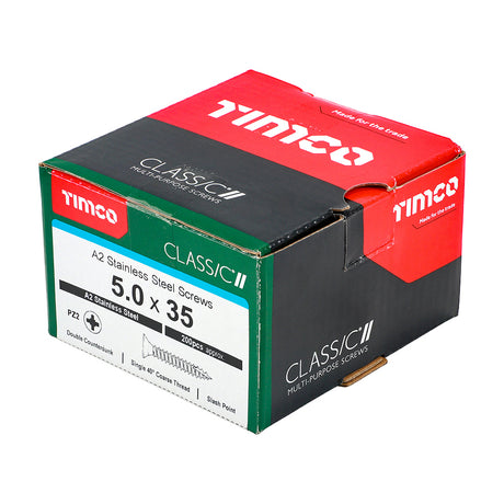 This is an image of Timco - Classic Multi-Purpose Screws - PZ - Double Countersunk - A2 Stainless Steel 5.0 x 35mm - (200 PCS Box) 50035CLASS