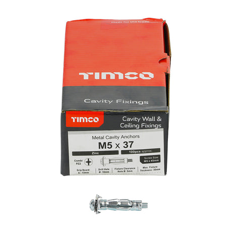 This is an image of Timco - Metal Cavity Anchors - Zinc M5 x 37 (45mm Screw) - (100 PCS Box) 50037CA