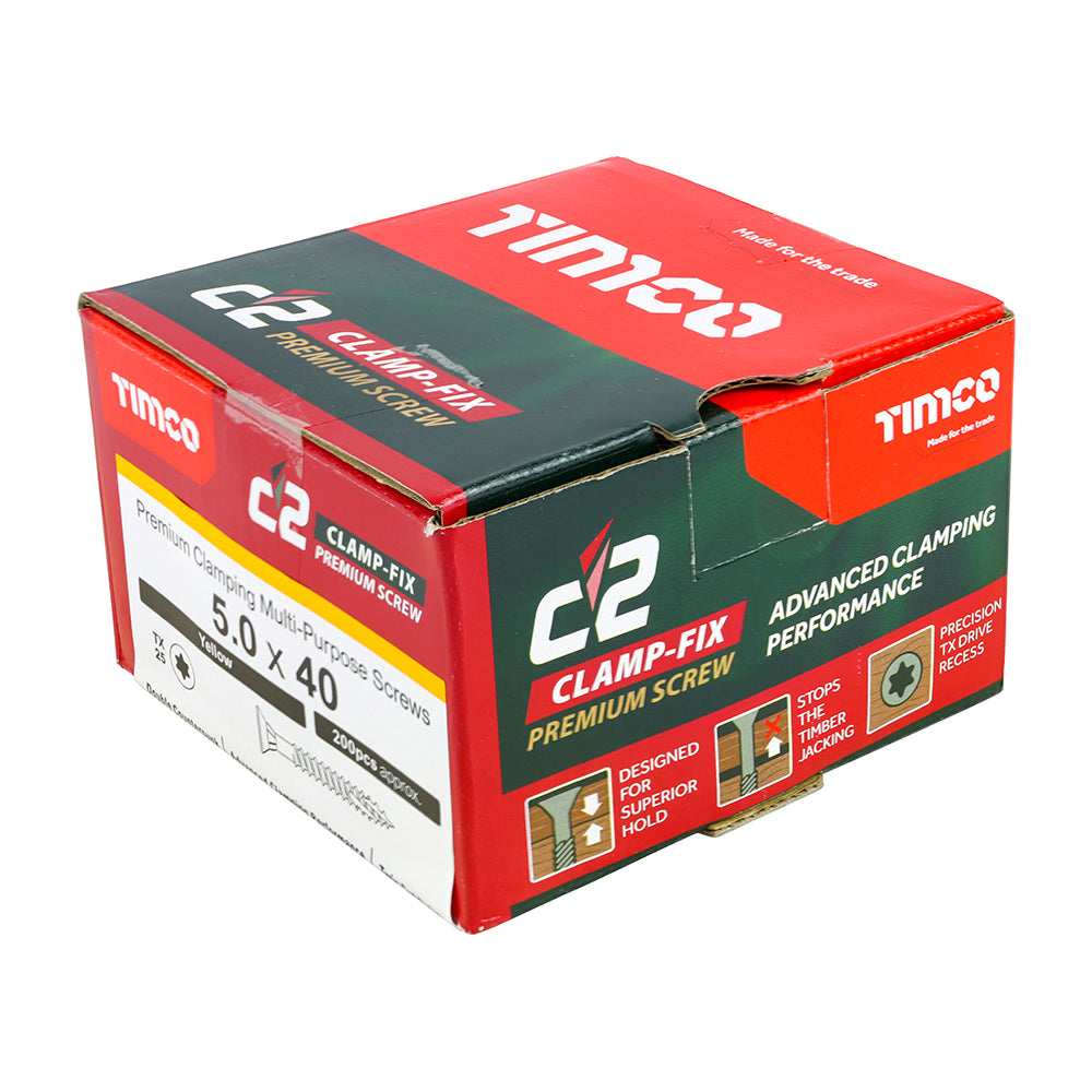 This is an image of Timco - C2 Clamp-Fix Screws - TX - Double Countersunk with Ribs - Twin-Cut - Yellow 5.0 x 40mm - (200 PCS Box) 50040C2C