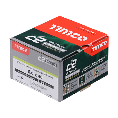 This is an image of Timco - C2 Exterior Strong-Fix Screws - PZ - Double Countersunk with Ribs - Twin-Cut - Silver 5.0 x 40mm - (200 PCS Box) 50040C2SBX