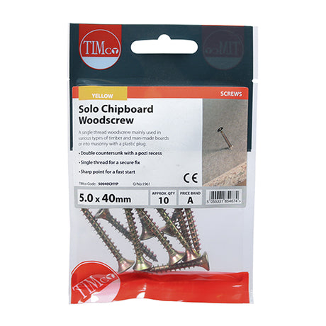 This is an image of Timco - Solo Woodscrews - PZ - Double Countersunk - Yellow 5.0 x 40mm - (10 PCS TIMpac) 50040CHYP