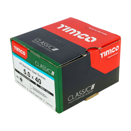 This is an image of Timco - Classic Multi-Purpose Screws - PZ - Double Countersunk - A4 Stainless Steel 5.0 x 40mm - (200 PCS Box) 50040CLA4