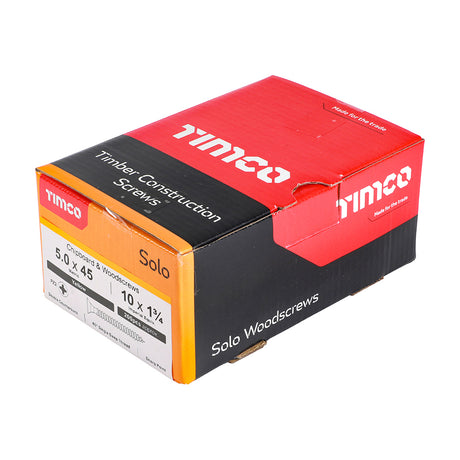 This is an image of Timco - Solo Chipboard & Woodscrews - PZ - Double Countersunk - Yellow 5.0 x 45mm - (200 PCS Box) 50045SOLOC