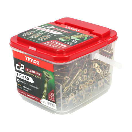 This is an image of Timco - C2 Clamp-Fix Screws - TX - Double Countersunk with Ribs - Twin-Cut - Yellow 5.0 x 50mm - (600 PCS Tub) 50050C2CTUB